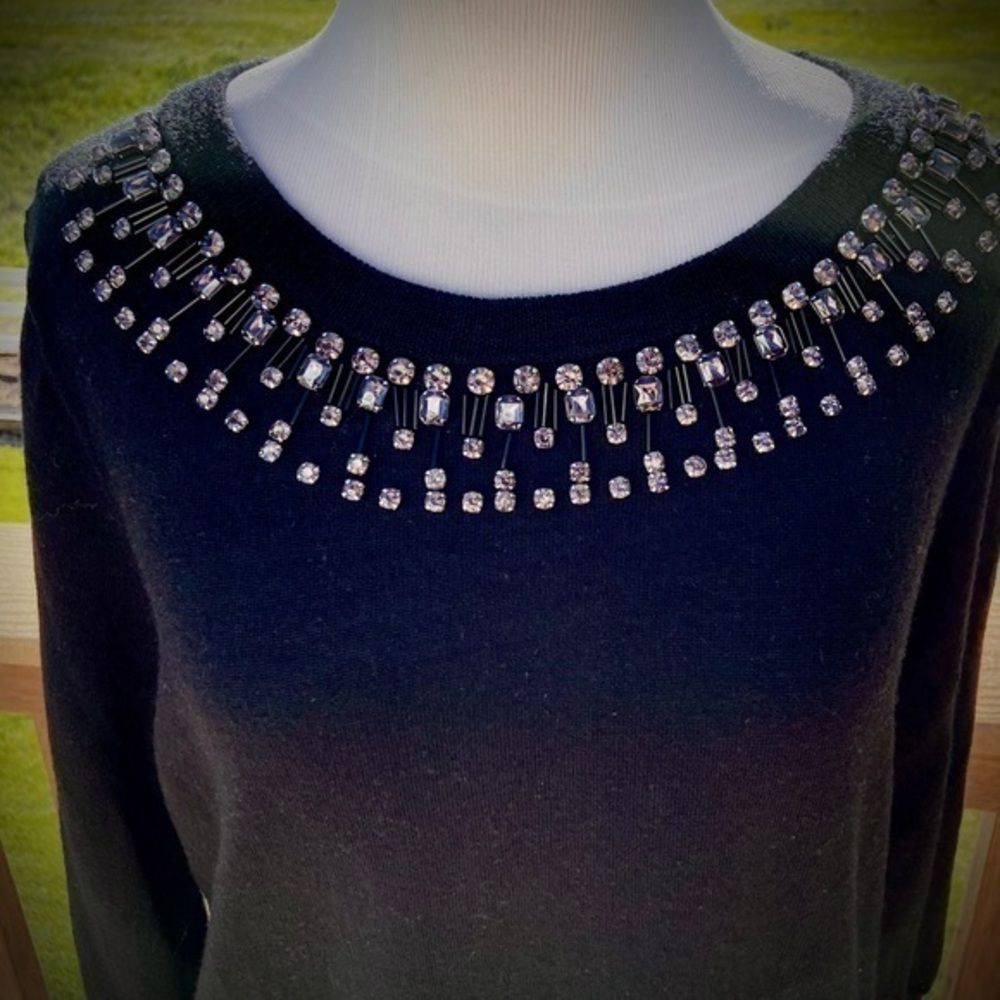 EUC-J Crew Rhinestone Collar Black Wool Sweater